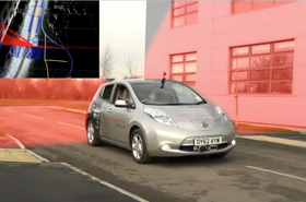 Robotcar driving on road with sensor imaging.