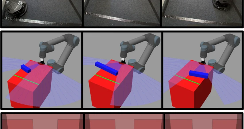 Collage of images of robot navigating an office and simulations