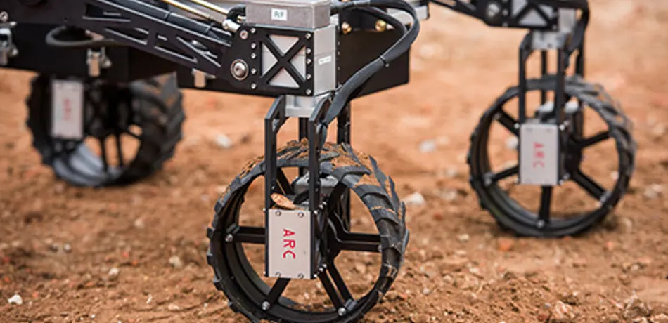 Close up image of the space rover robot wheels 