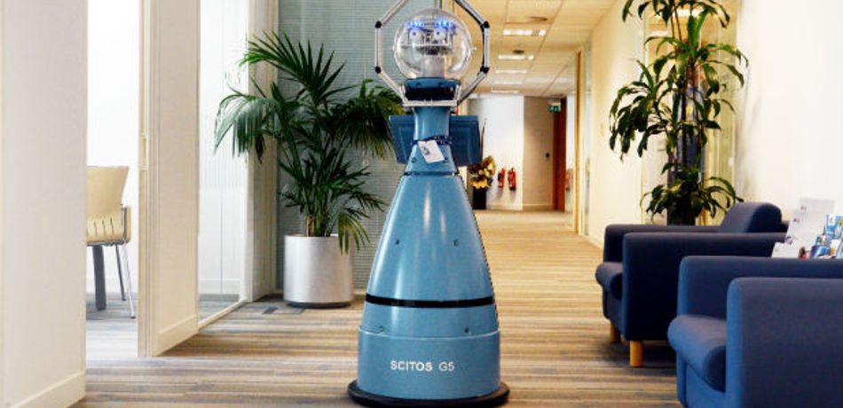 A robot called Bob in an office corridor