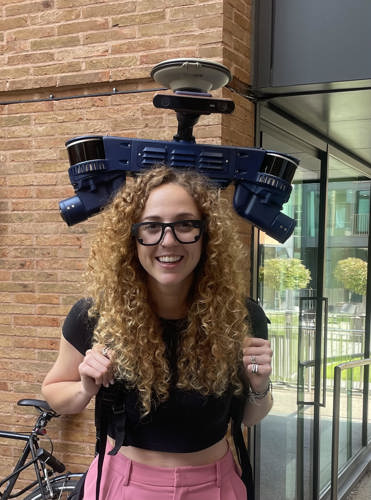 Efimia Panagiotaki, a DPhil student in the Mobile Robotics Group, 360° sensor backpack and eye-tracking glasses used in the RobotCycle project