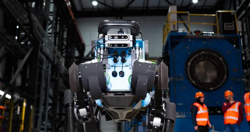 blue ANYmal B robot, standing in industrial site.
