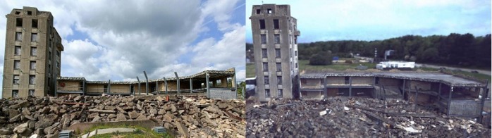 A photograph of the Rig 5 disaster site (left) and the NeRF reconstruction produced by SiLVR (right)