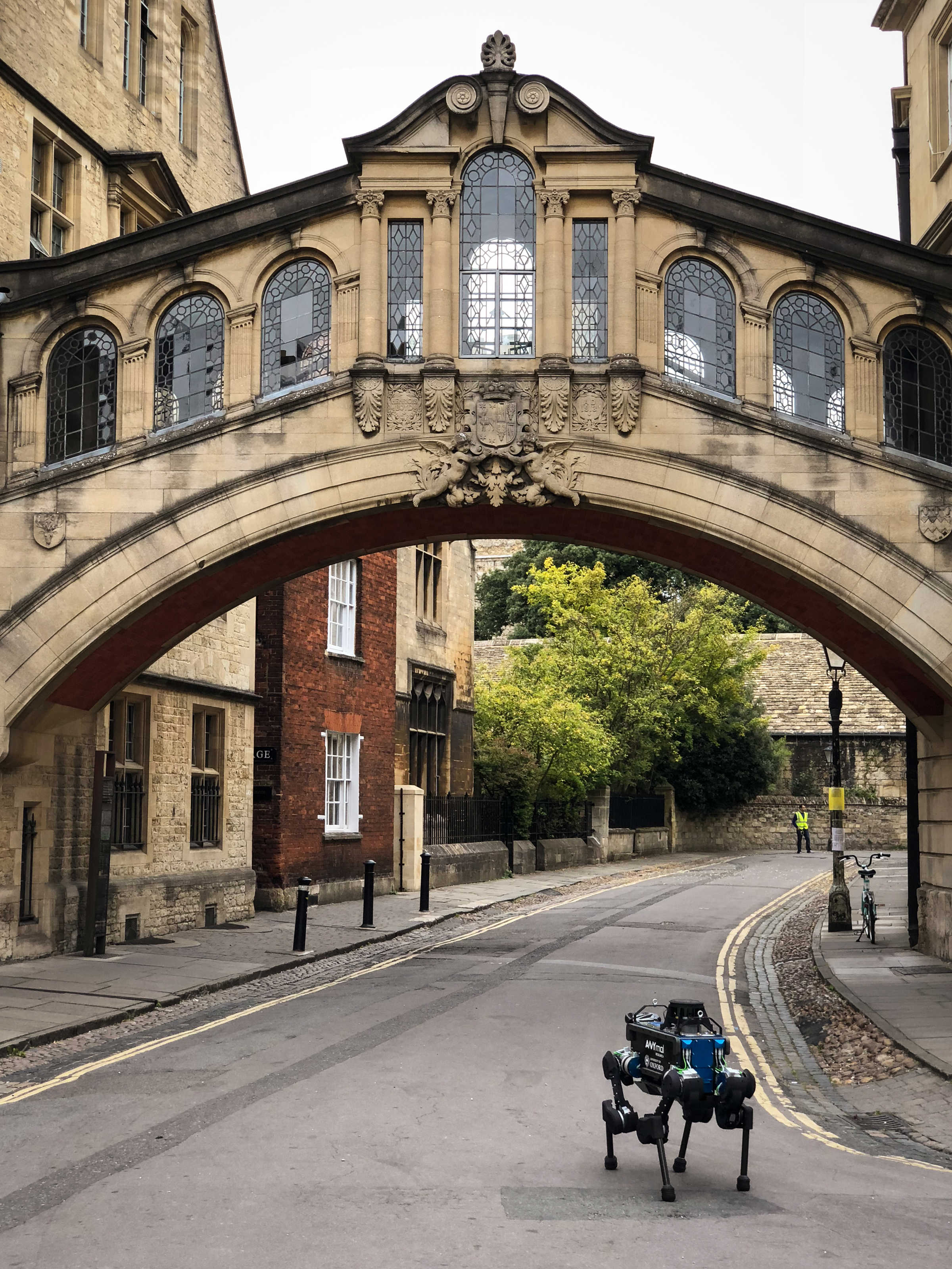 Blue ANYmal B robot under the Bridge of Sighs Oxford. 