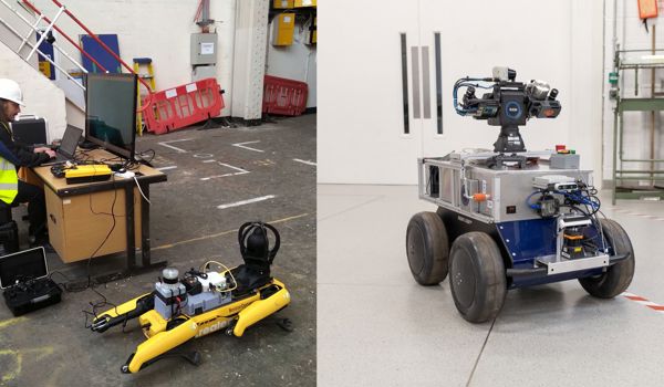 A horizontal collage of two photos. The photos of are of two robots used by the Oxford Robotics Institute: on the left is a walking robot - Spot, with a man at the controls, on the right is a photo of a small wheeled robot.