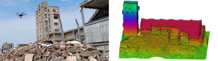 The Osprey drone platform mapping the Rig 5 disaster site (left) and the resulting 3D map (right).